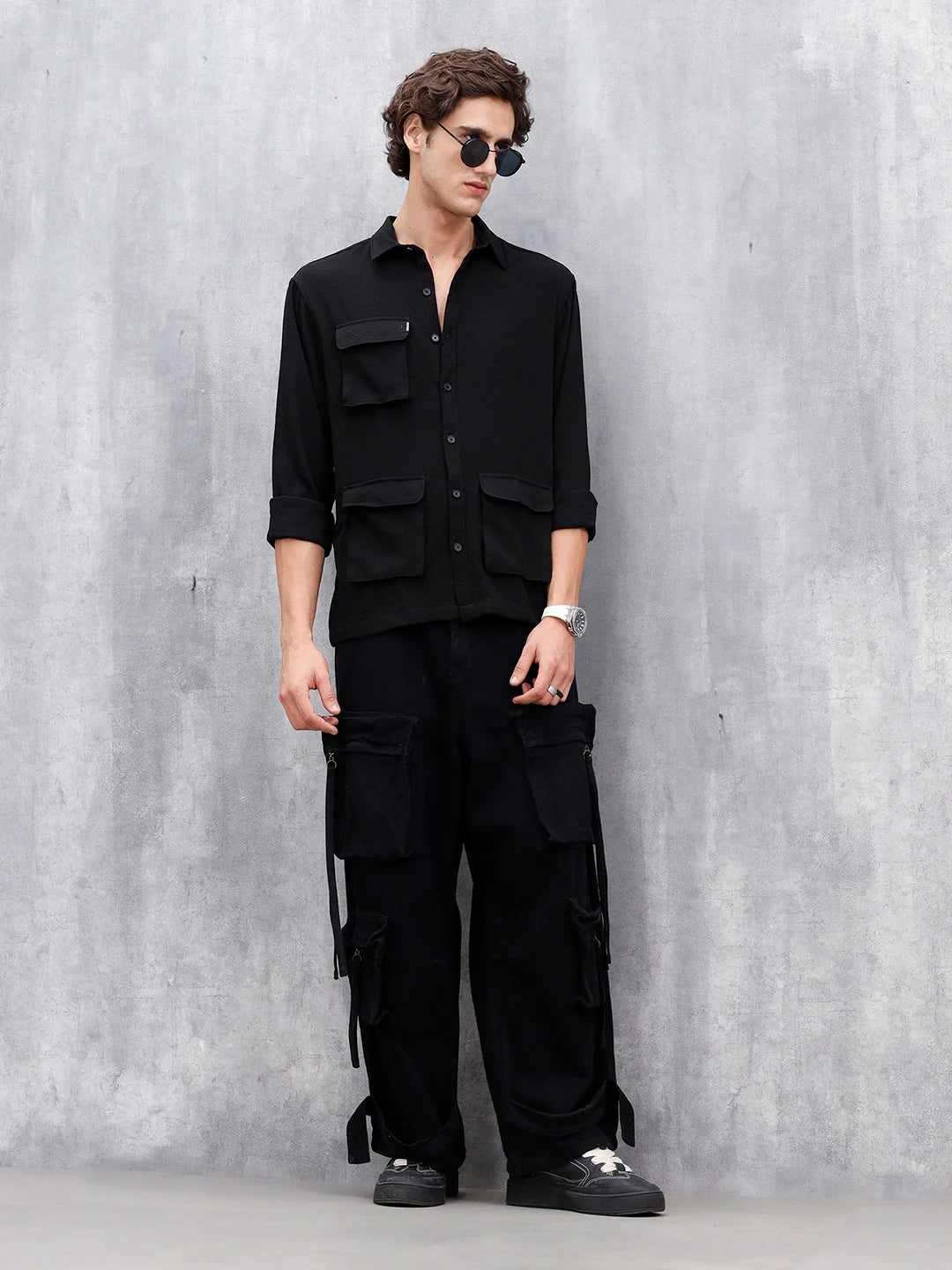 Comfort Fit Solid Shirt With Utility Pockets | Black