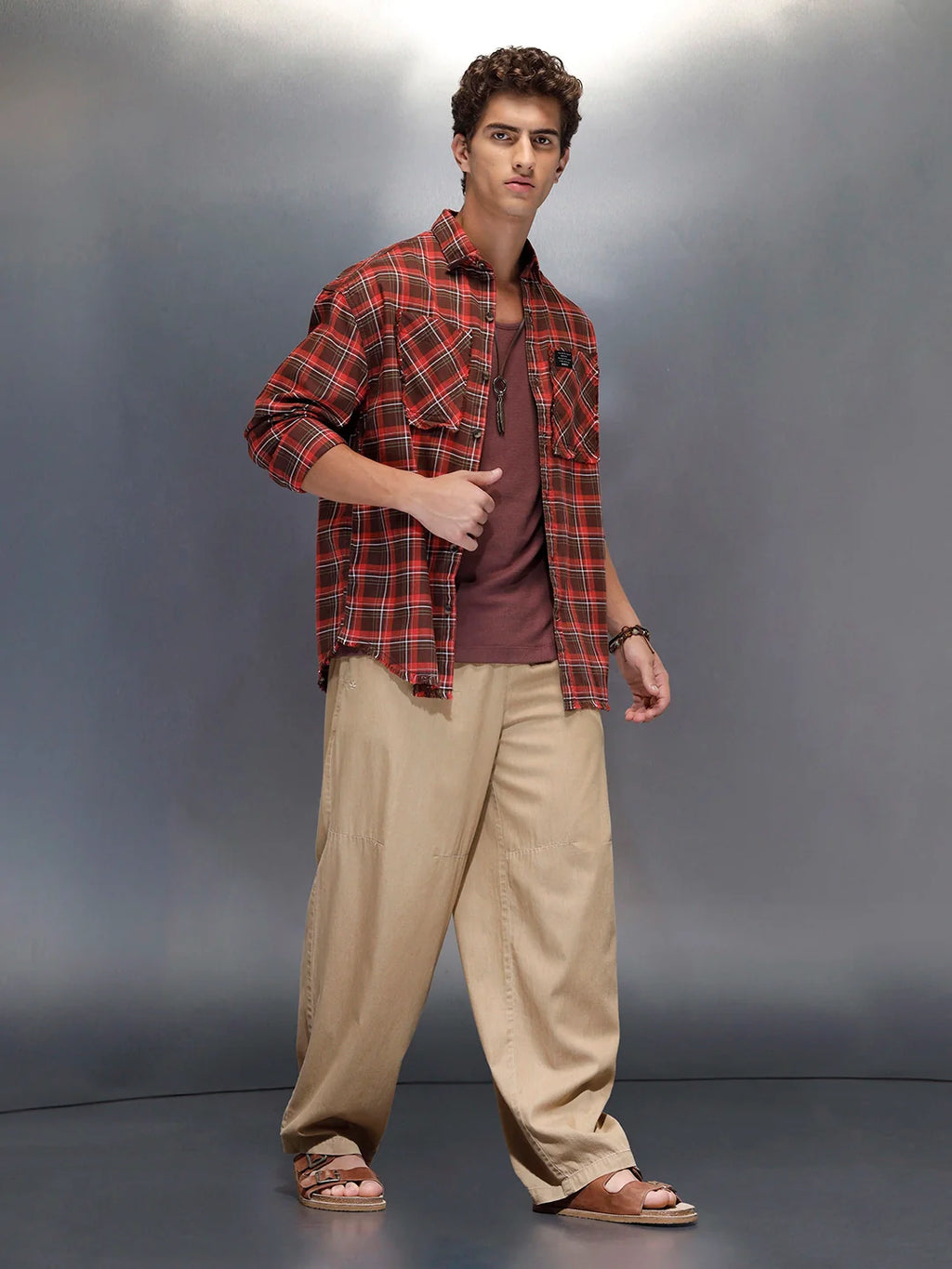 Men's oversize raw hem detail check shirt  | Brown