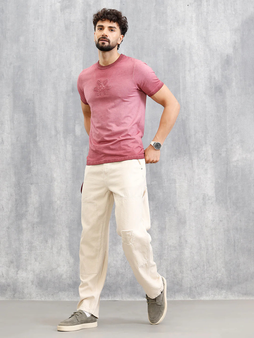 Grunge Pigment Washed T-Shirt With Logo Appliqué On Chest | Maroon