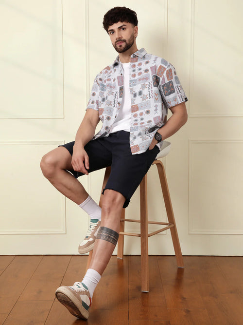 Abstract Printed Open Dobby Shirt | Grey