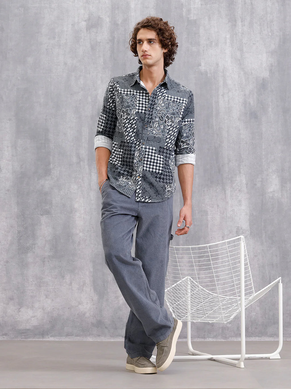 Corduroy Printed Shirt In Slim Fit | Black