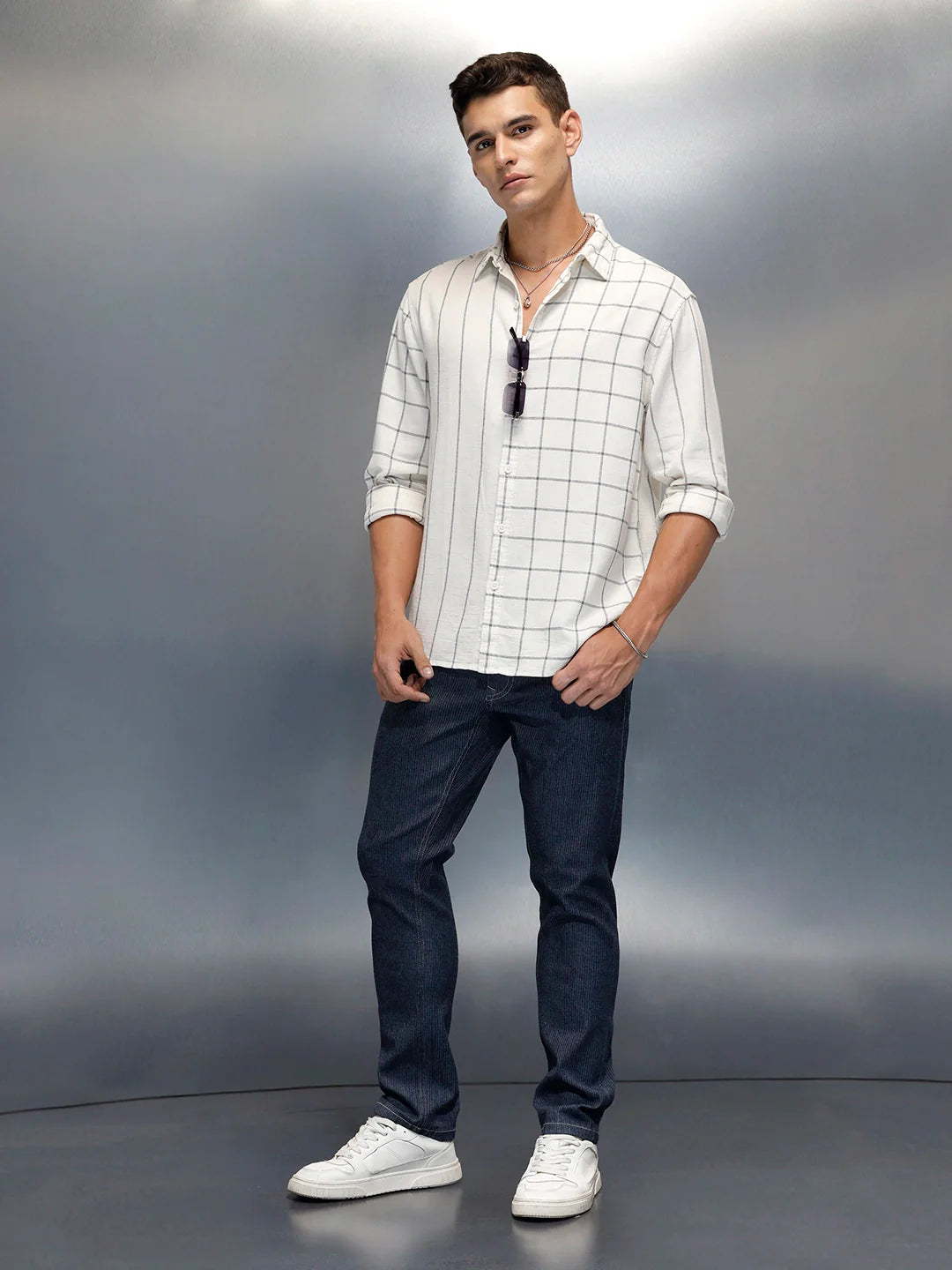 Asymmetrical Pattern Comfort Fit Men's Casual Shirt | White