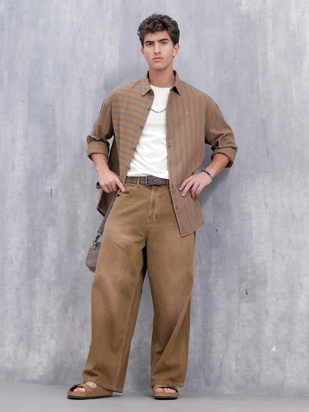 Asymmetrical Striped Oversized Shirt For Men | Brown