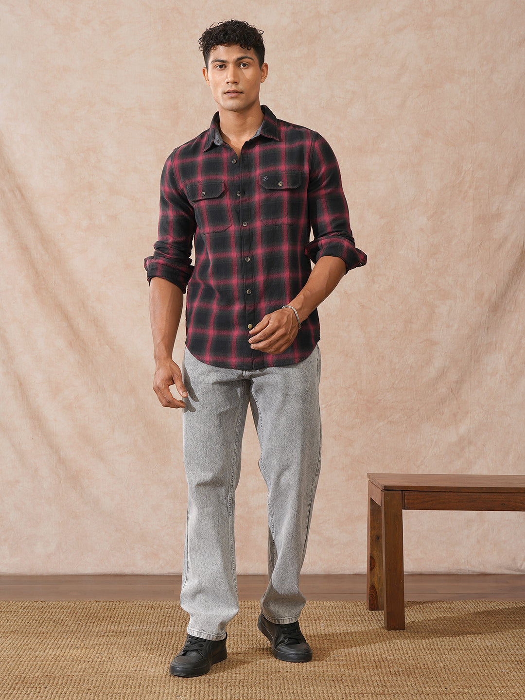 Brushed Herringbone Checked Shirt | Black