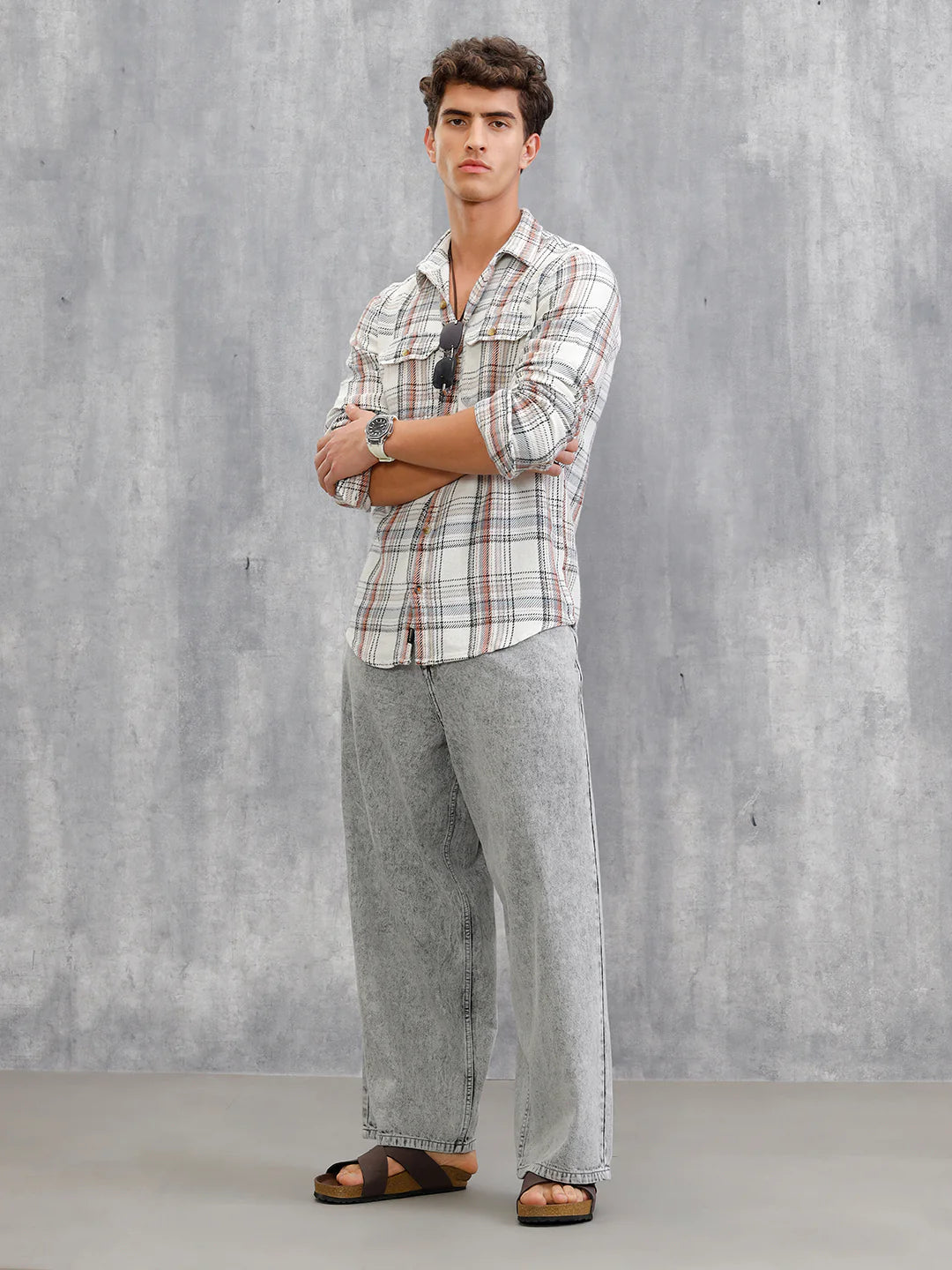 Textured Utility Check Shirt In Slim Fit | White