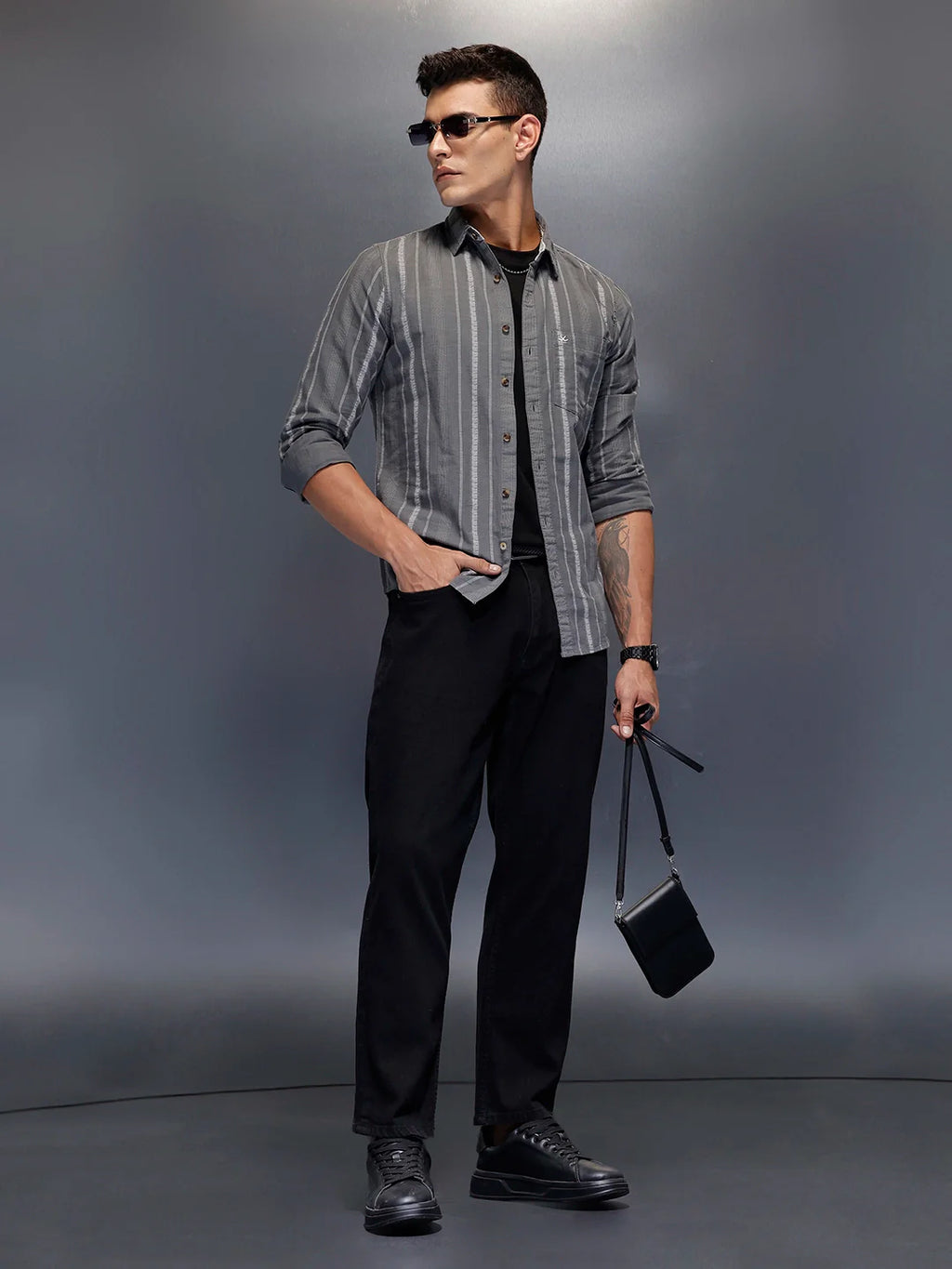 Men's textured vertical striped casual shirt | Dark Grey