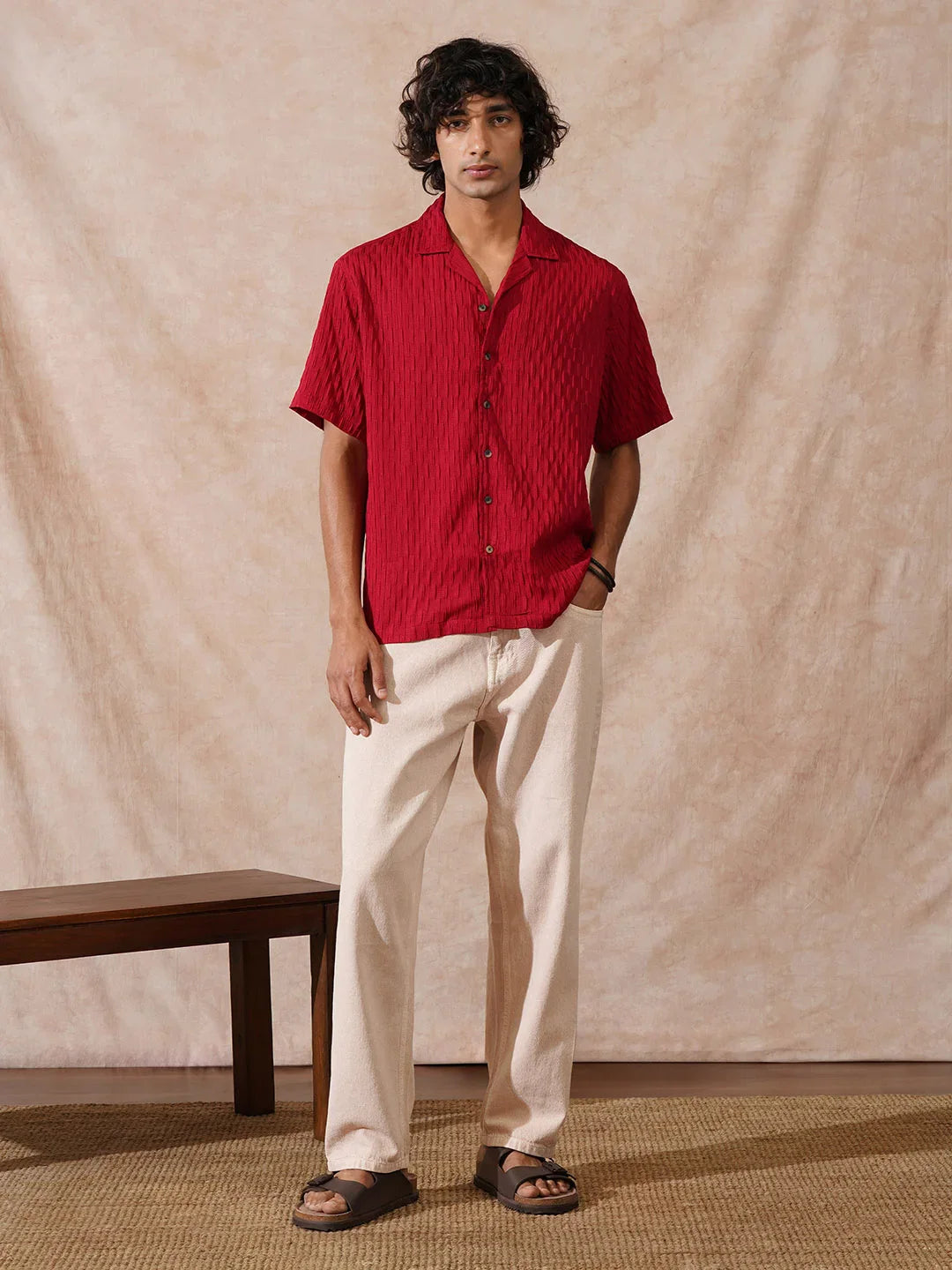 Textured Resort Collar Shirt | Red