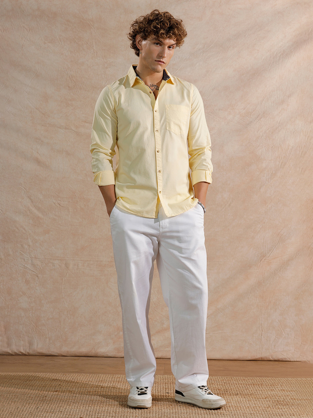 Solid Regular Fit Cotton Shirt | Yellow