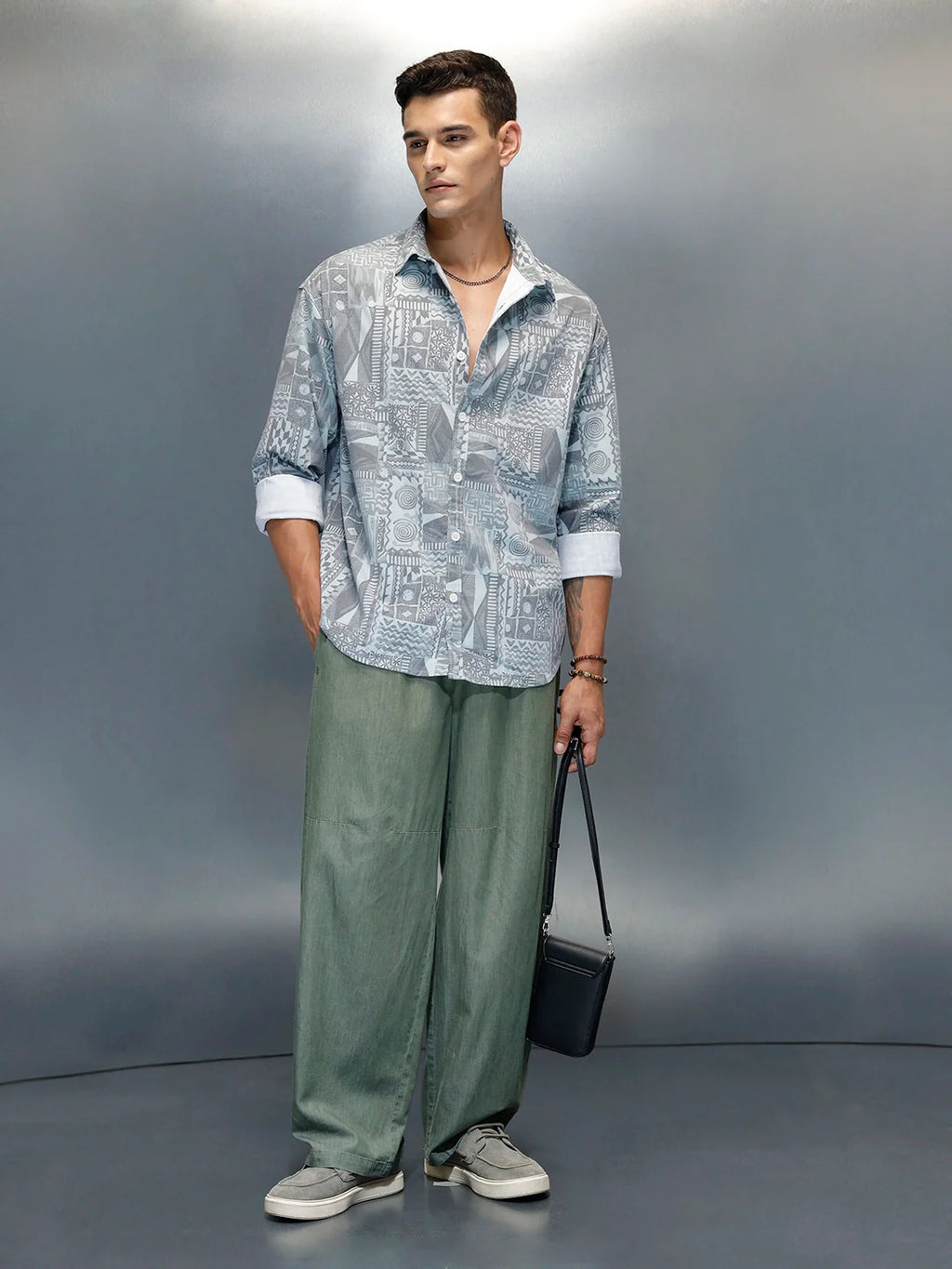 Wrogn Abstract Printed Oversized Fit Shirt | Grey
