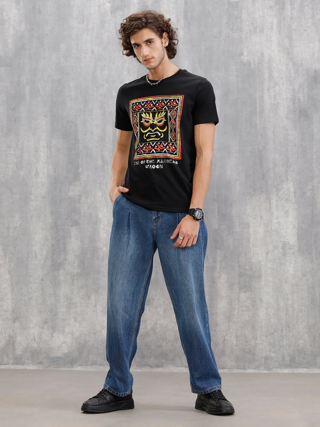 Mythical Face Graphic Crew Neck T-Shirt In Slim Fit  |  Black