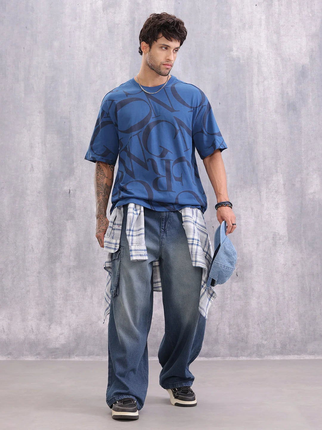 Typo Inspired Tonal Aop Oversized Fit T-shirt | Dark Blue