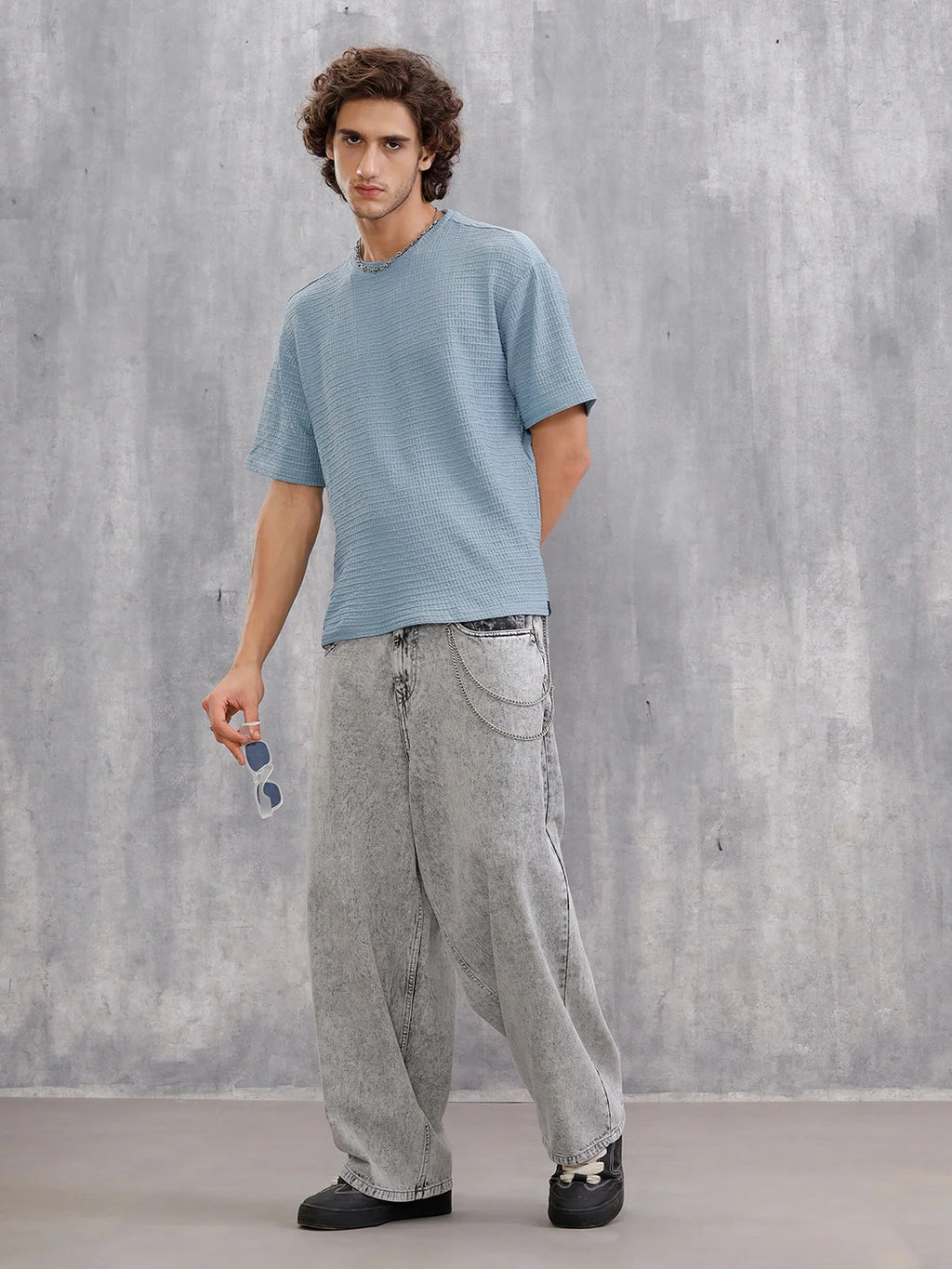 Oversized Jacquard Textured Crew Neck T-Shirt  |  Blue