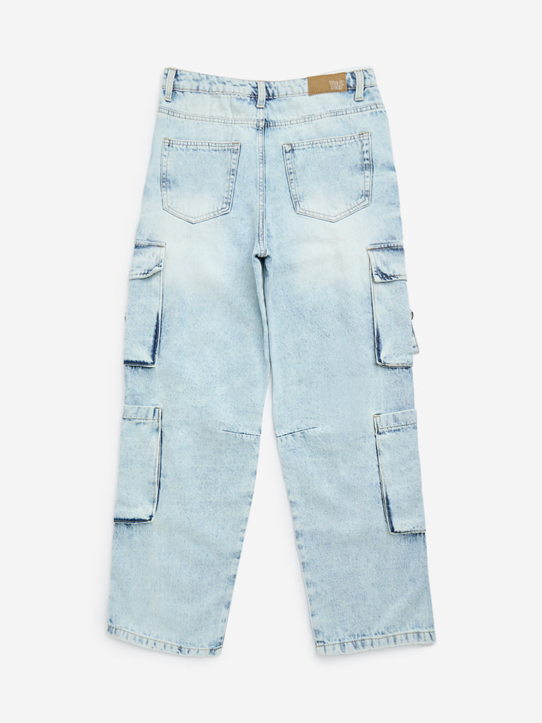 Y&F Kids Light Blue Cargo-Style Relaxed-Fit High-Rise Jeans