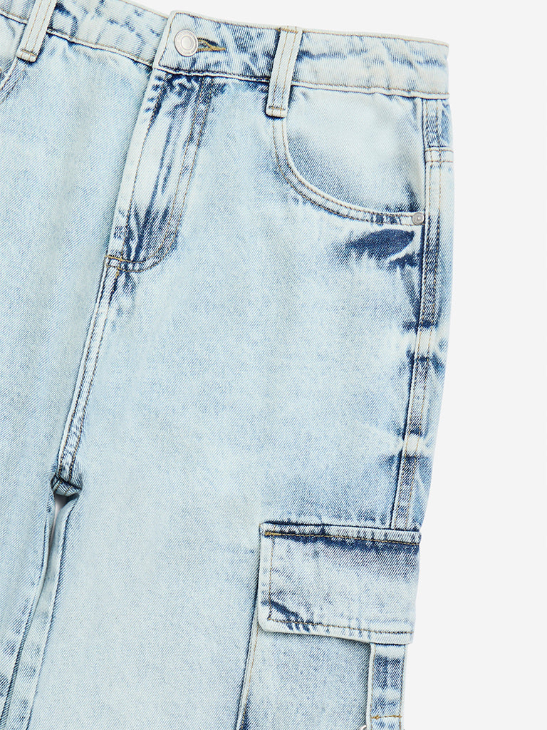 Y&F Kids Light Blue Cargo-Style Relaxed-Fit High-Rise Jeans