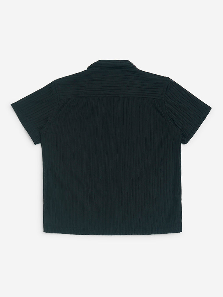 Y&F Kids Black Self-Textured Resort-Fit Shirt