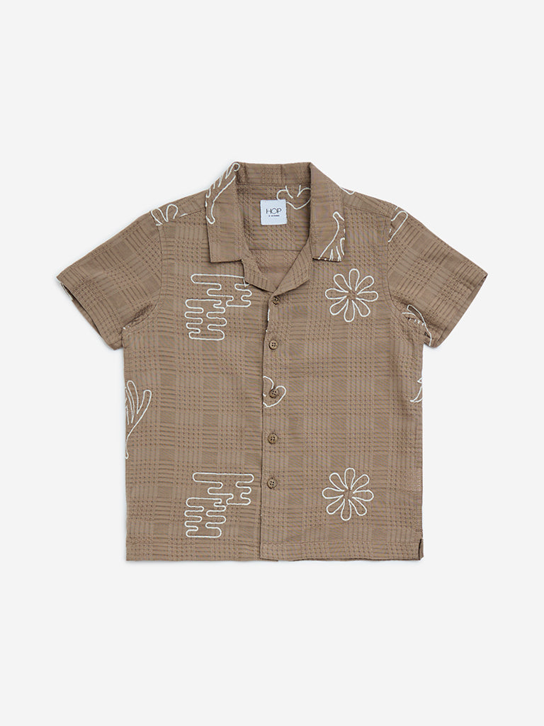 HOP Kids Brown Floral Design Cotton-Blend Shirt