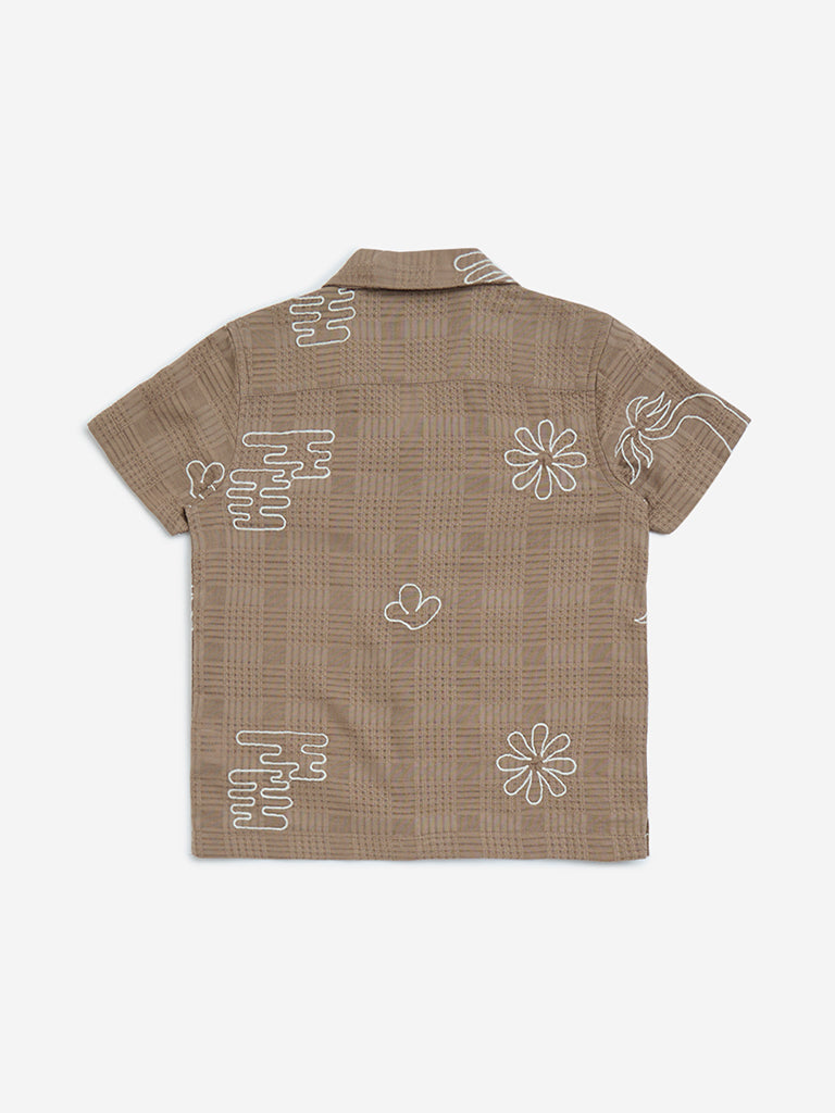 HOP Kids Brown Floral Design Cotton-Blend Shirt