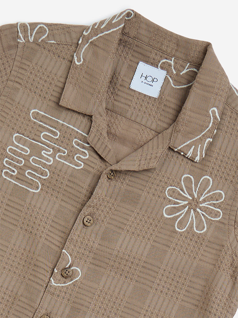 HOP Kids Brown Floral Design Cotton-Blend Shirt