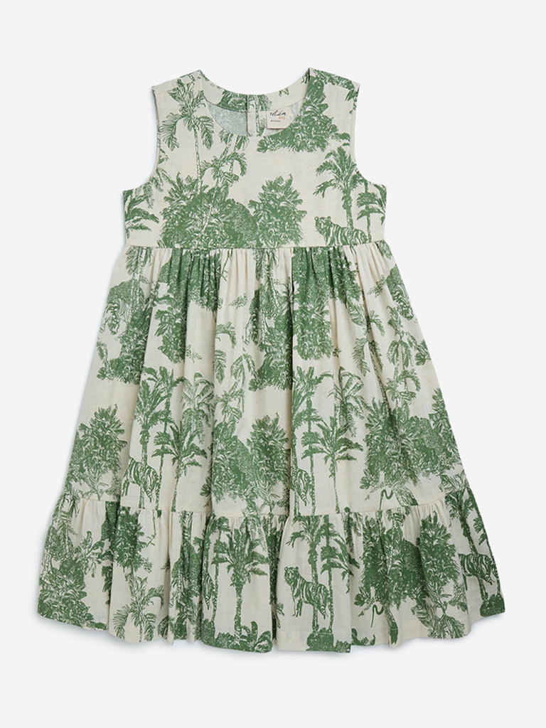 Utsa Kids Green Nature-Inspired Tiered Cotton-Blend Dress - (8-14yrs)