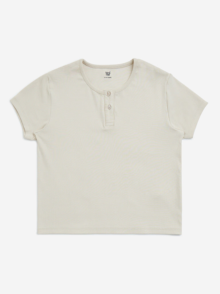 Y&F Kids Beige Ribbed Textured Cotton-Blend Top