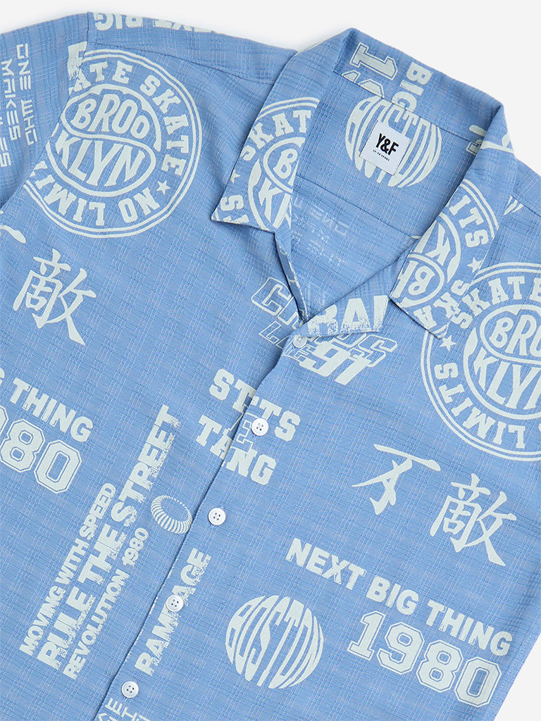 Y&F Kids Blue Text Pattern Resort-Fit Shirt