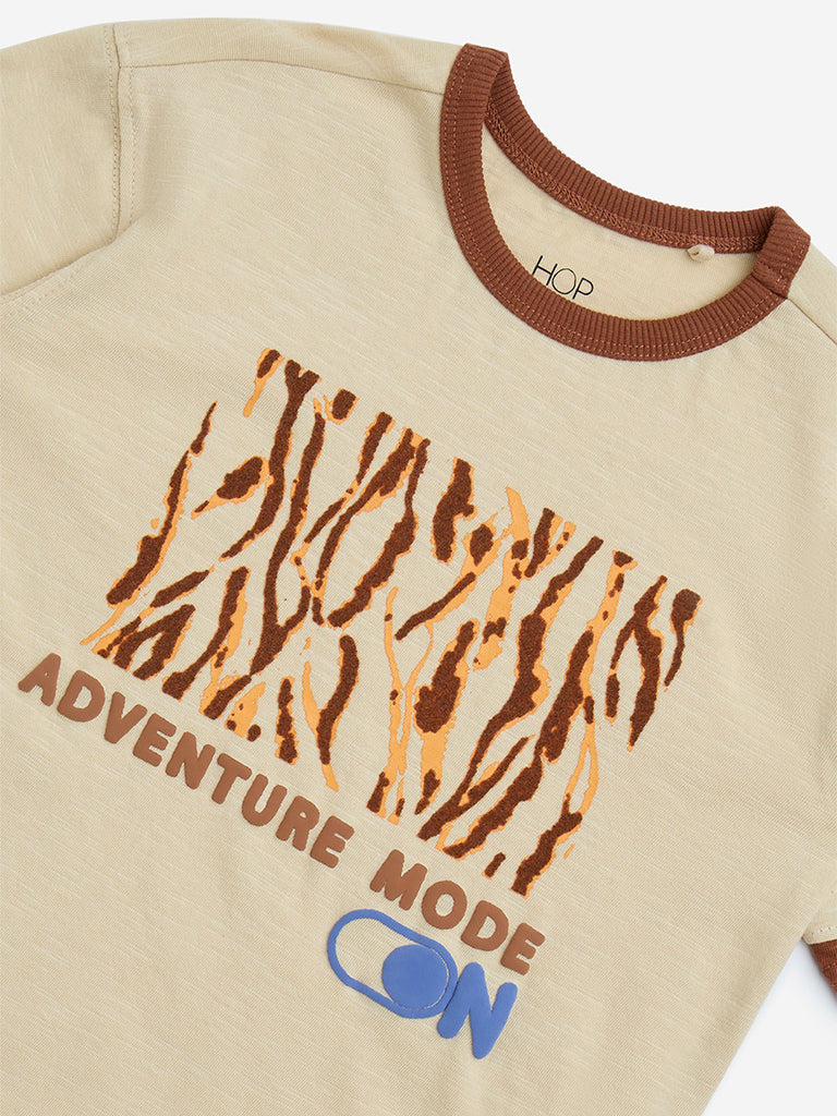 HOP Kids Beige Text Detailed Cotton T-Shirt