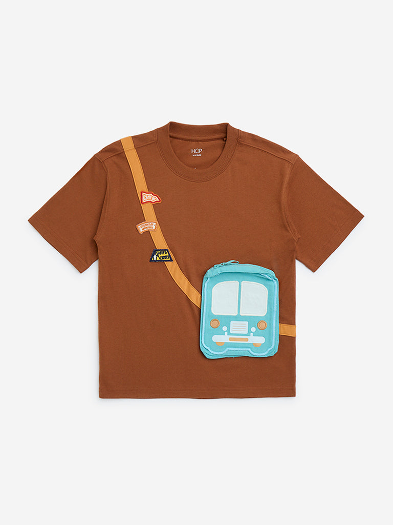 HOP Kids Brown Pouch-Detailed Cotton T-Shirt