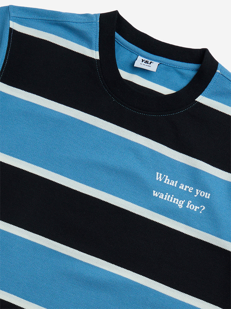 Y&F Kids Blue Striped Cotton-Blend T-Shirt