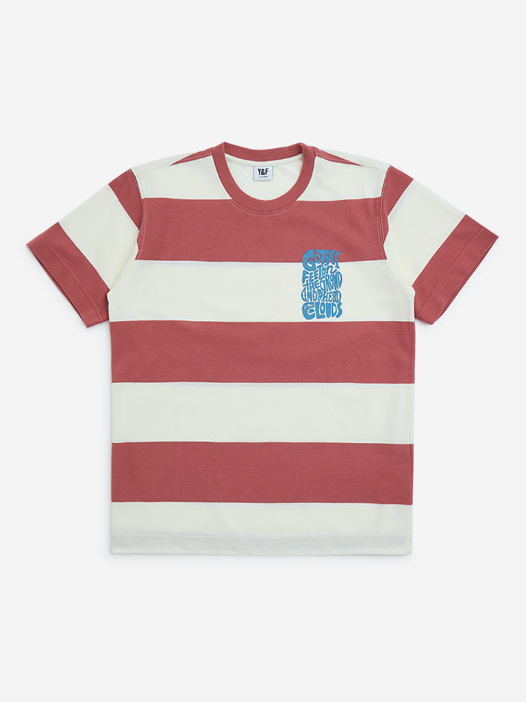 Y&F Kids Red Stripe Printed Cotton T-Shirt