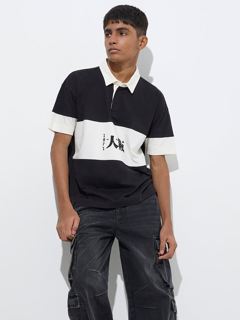 Y&F Kids Black Colour-Blocked Cotton Polo T-Shirt