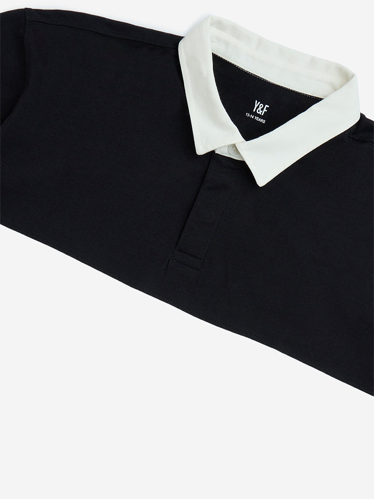 Y&F Kids Black Colour-Blocked Cotton Polo T-Shirt