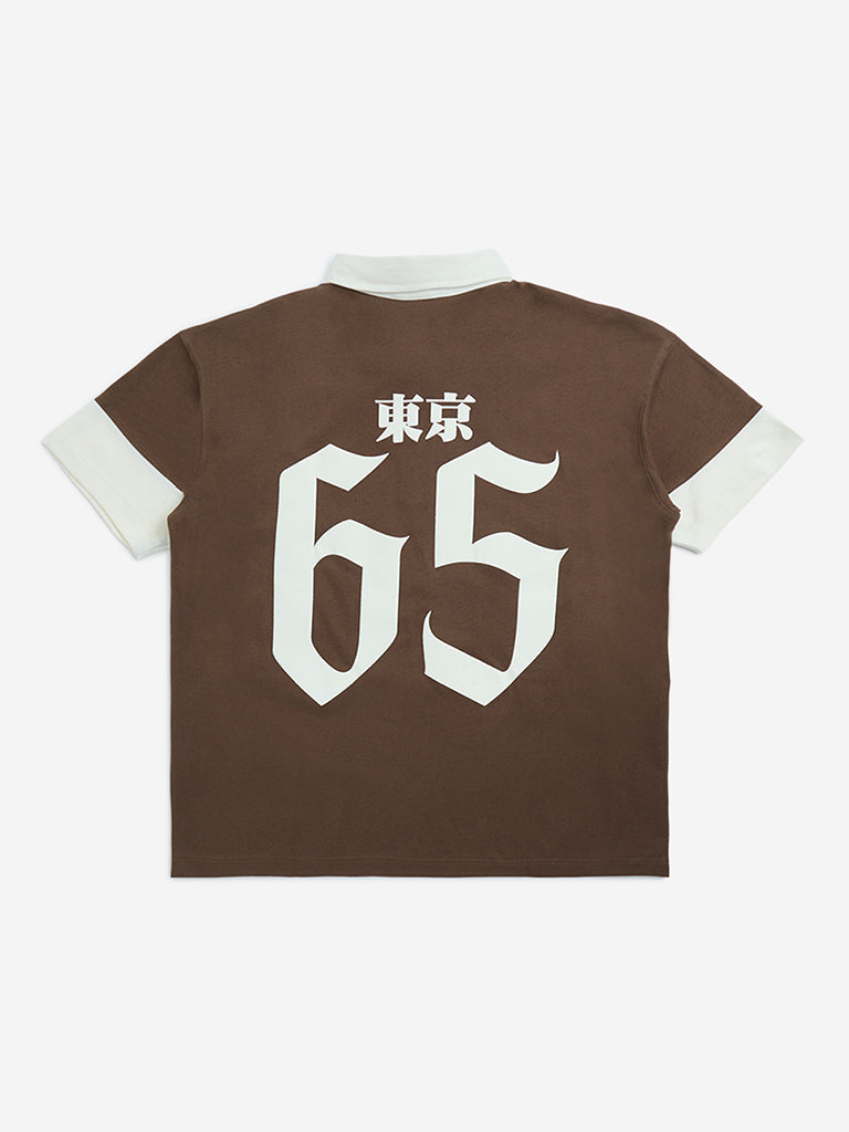 Y&F Kids Brown Colour-Blocked Cotton Polo T-Shirt