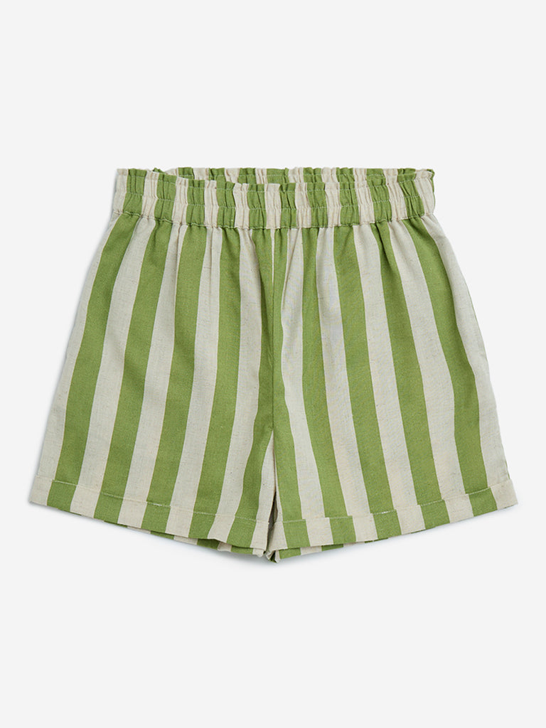 Utsa Kids Green Stripe Printed Cotton-Blend Shorts - (8-14yrs)