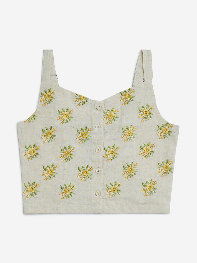 Utsa Kids Off-White Floral Embroidered Cotton-Blend Ethnic Top - (8-14yrs)