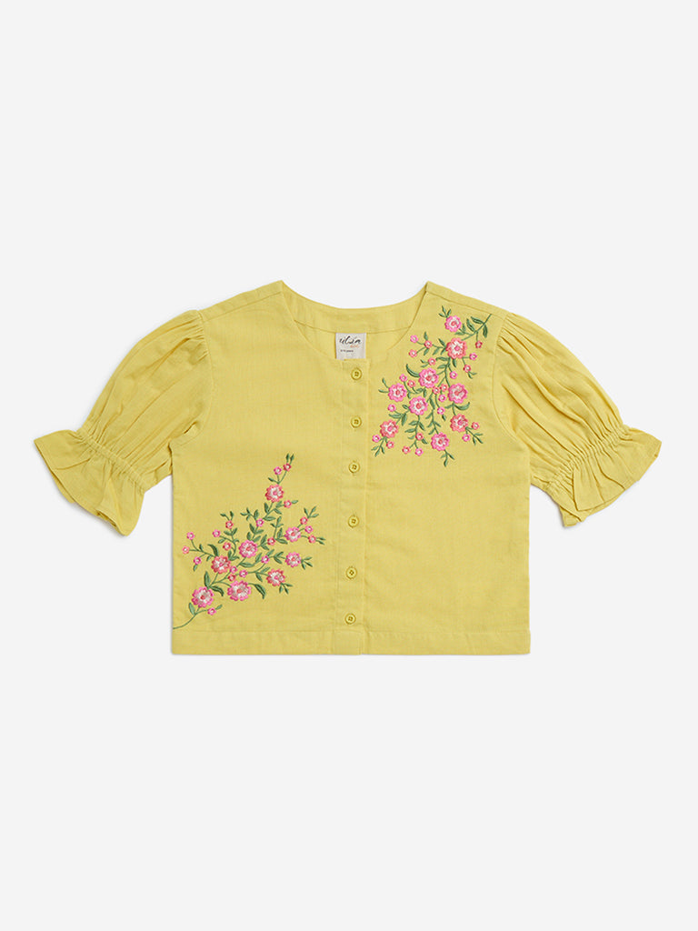 Utsa Kids Yellow Floral Embroidered Cotton-Blend Ethnic Top - (8-14yrs)