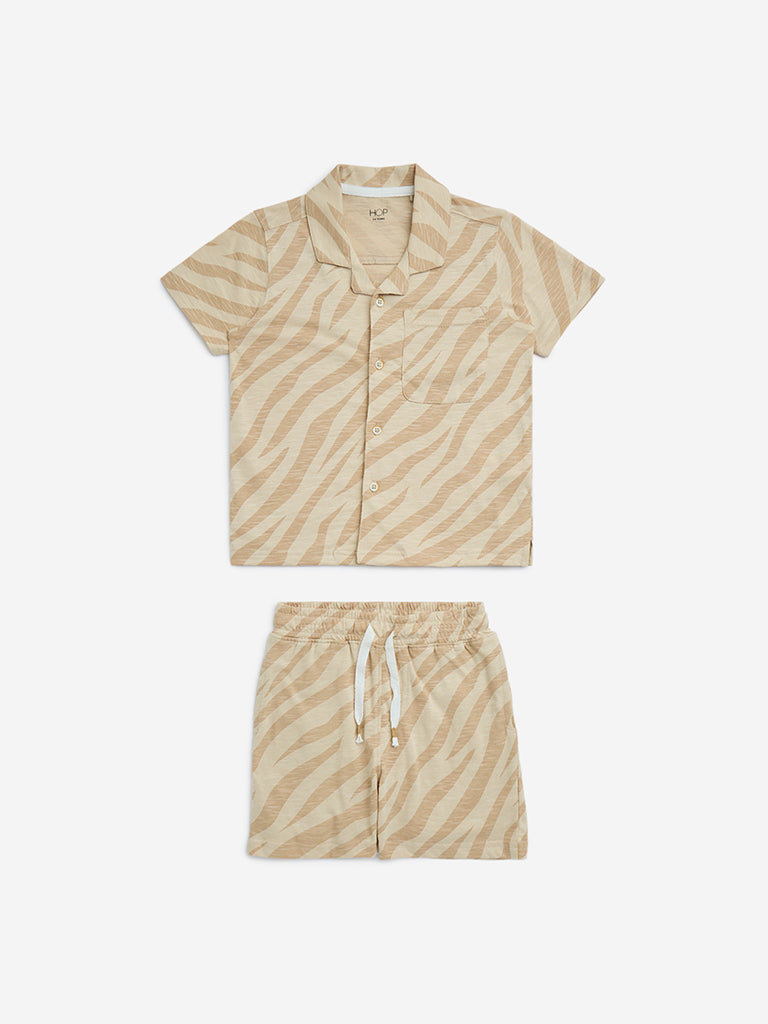 HOP Kids Beige Animal Printed Cotton Shirt and Shorts Set