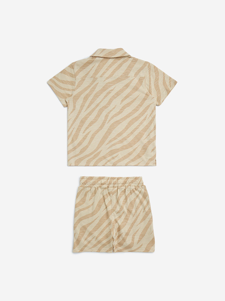 HOP Kids Beige Animal Printed Cotton Shirt and Shorts Set