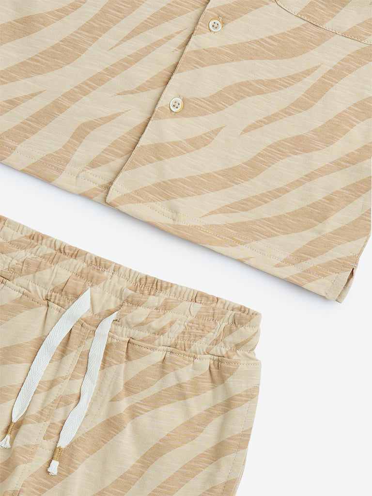 HOP Kids Beige Animal Printed Cotton Shirt and Shorts Set