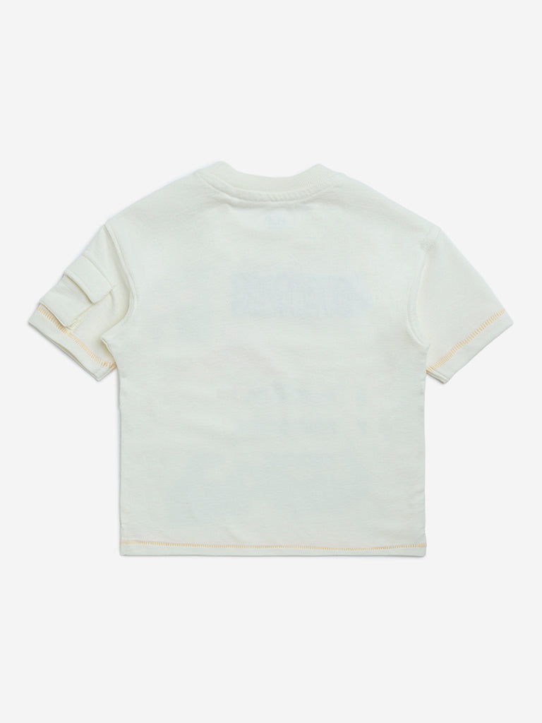 HOP Kids Off-White Text Pattern Cotton T-Shirt