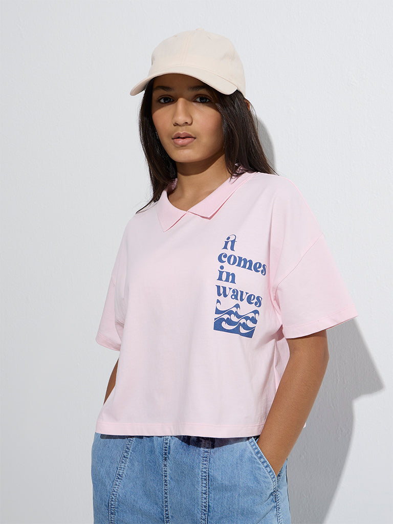Y&F Kids Light Pink Text Design Cotton Polo T-Shirt