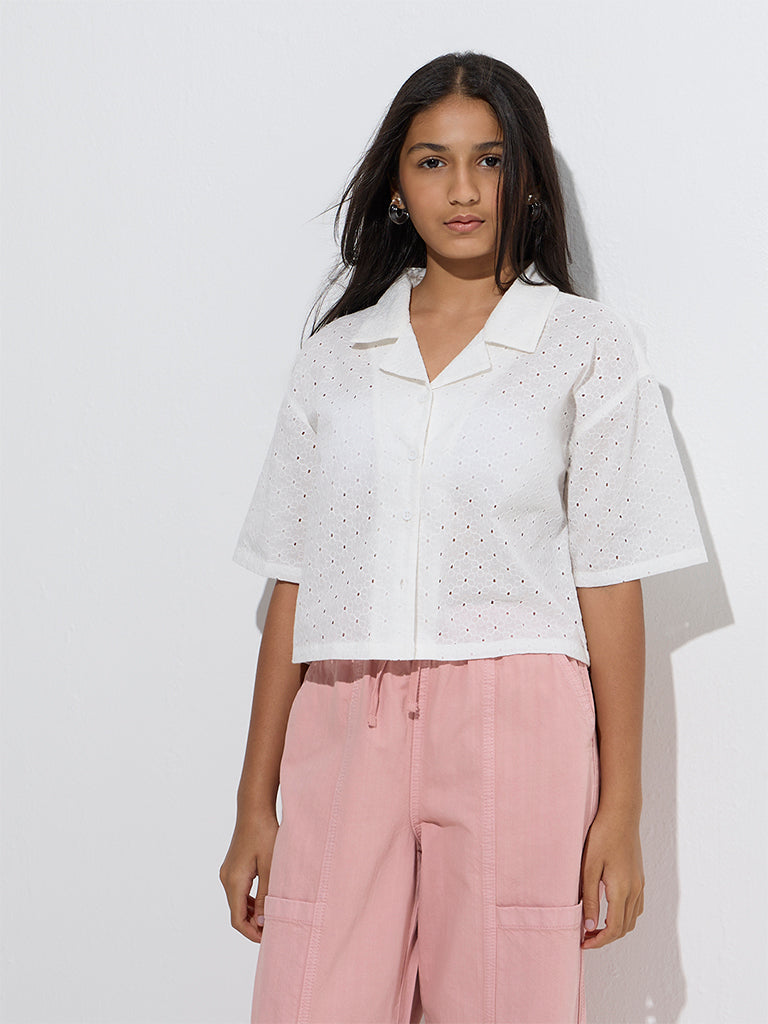 Y&F Kids White Schiffli Detailed Cotton Shirt