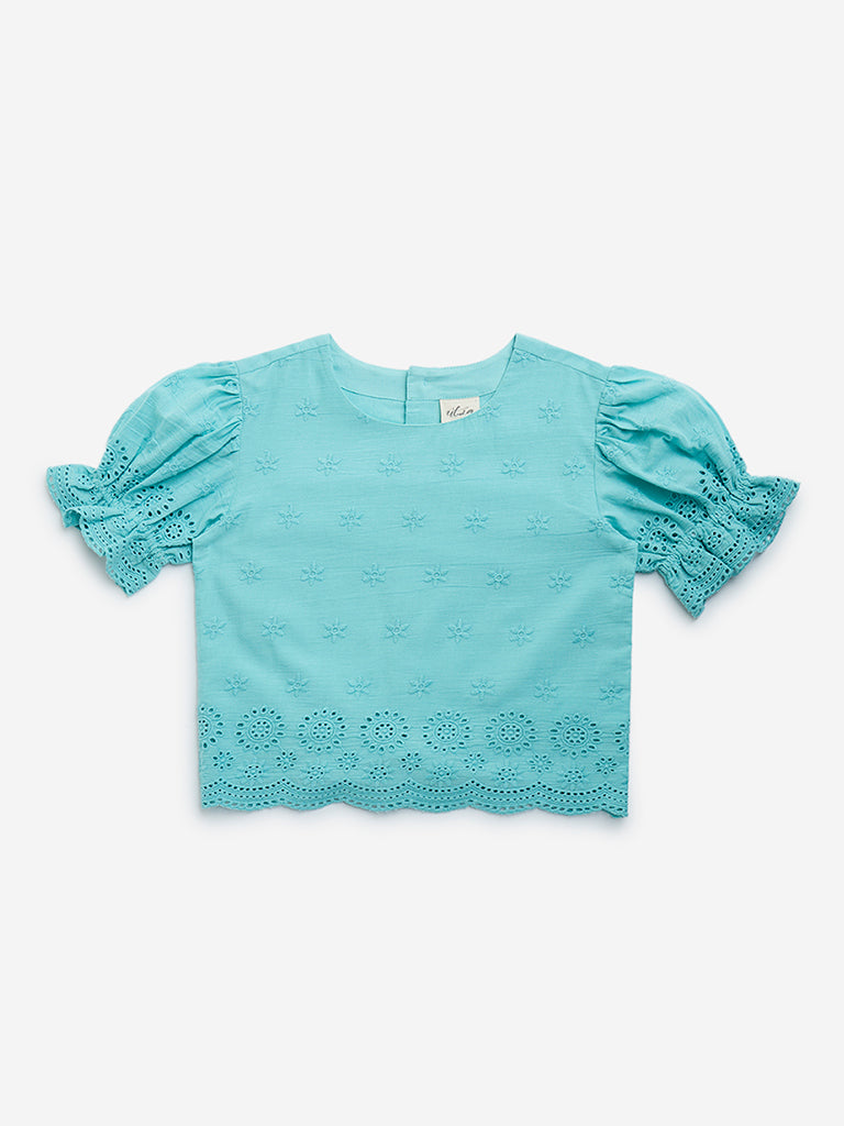 Utsa Kids Aqua Schiffli Design Cotton-Blend Ethnic Top - (8-14yrs)