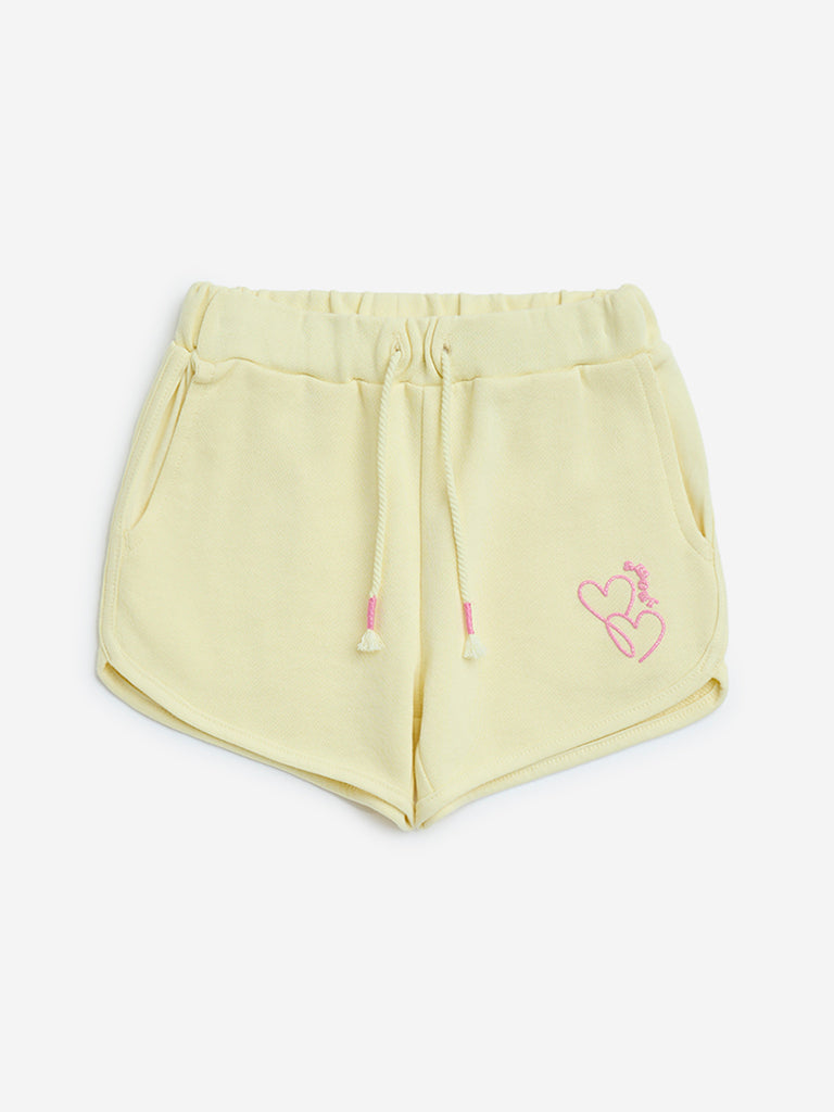HOP Kids Yellow Heart Printed Mid-Rise Cotton Shorts