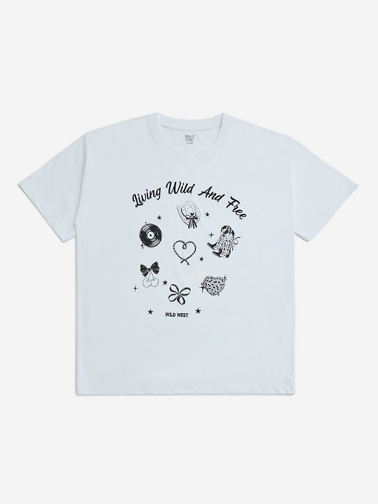 Y&F Kids White Graphic Design Cotton T-Shirt