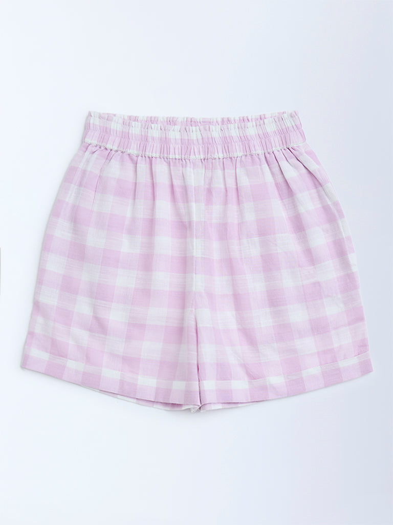 Utsa Kids Lilac Checks Design Cotton Shorts - (8-14yrs)