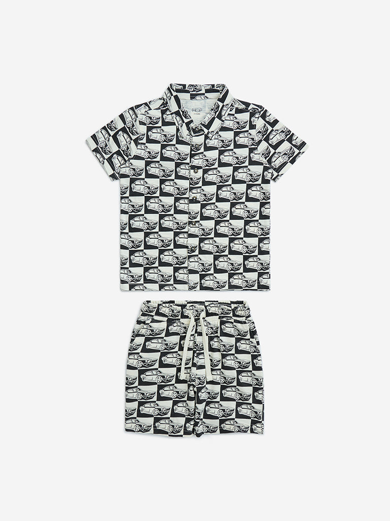 HOP Kids Black Car Printed Cotton Shirt and Shorts Set
