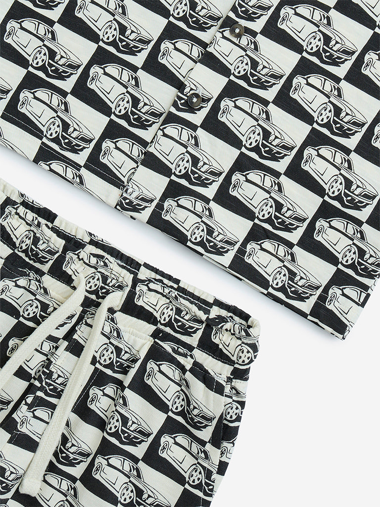 HOP Kids Black Car Printed Cotton Shirt and Shorts Set