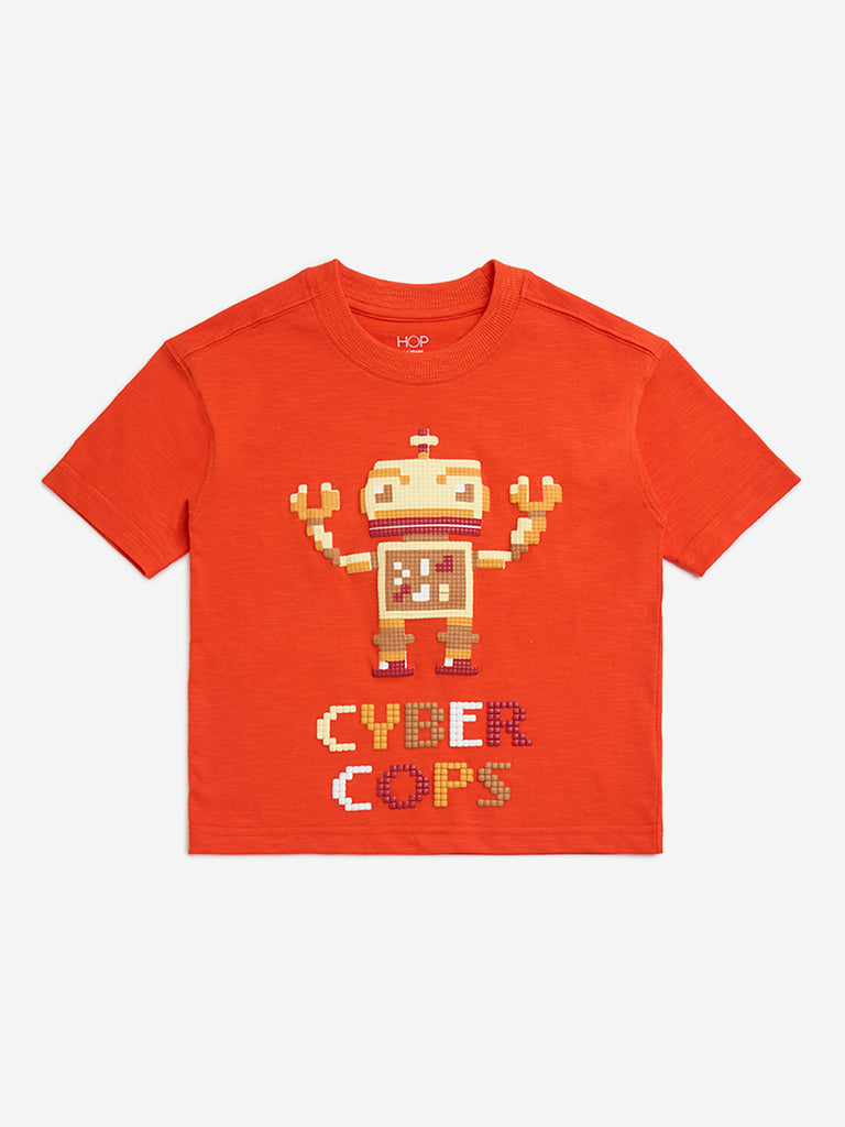 HOP Kids Orange Robot Embossed Cotton T-Shirt