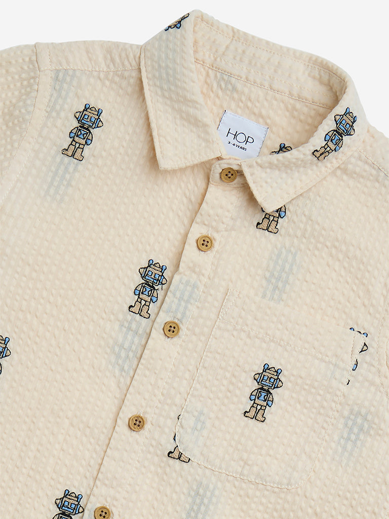 HOP Kids Beige Seersucker Cotton-Blend Shirt