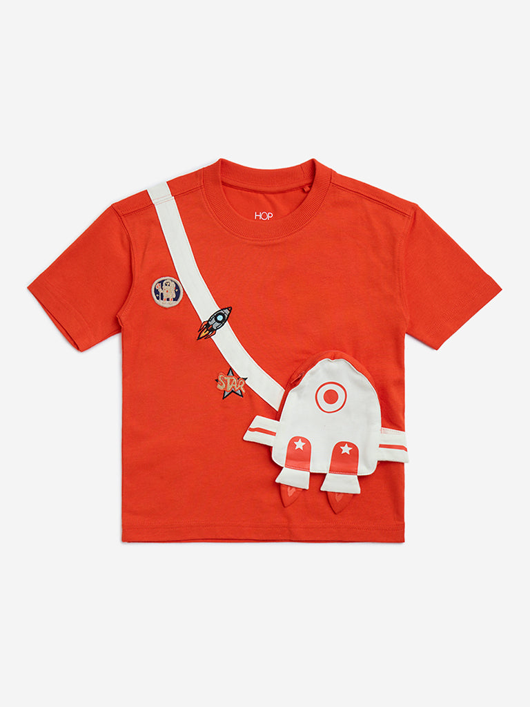 HOP Kids Orange Pouch-Detailed Cotton T-Shirt